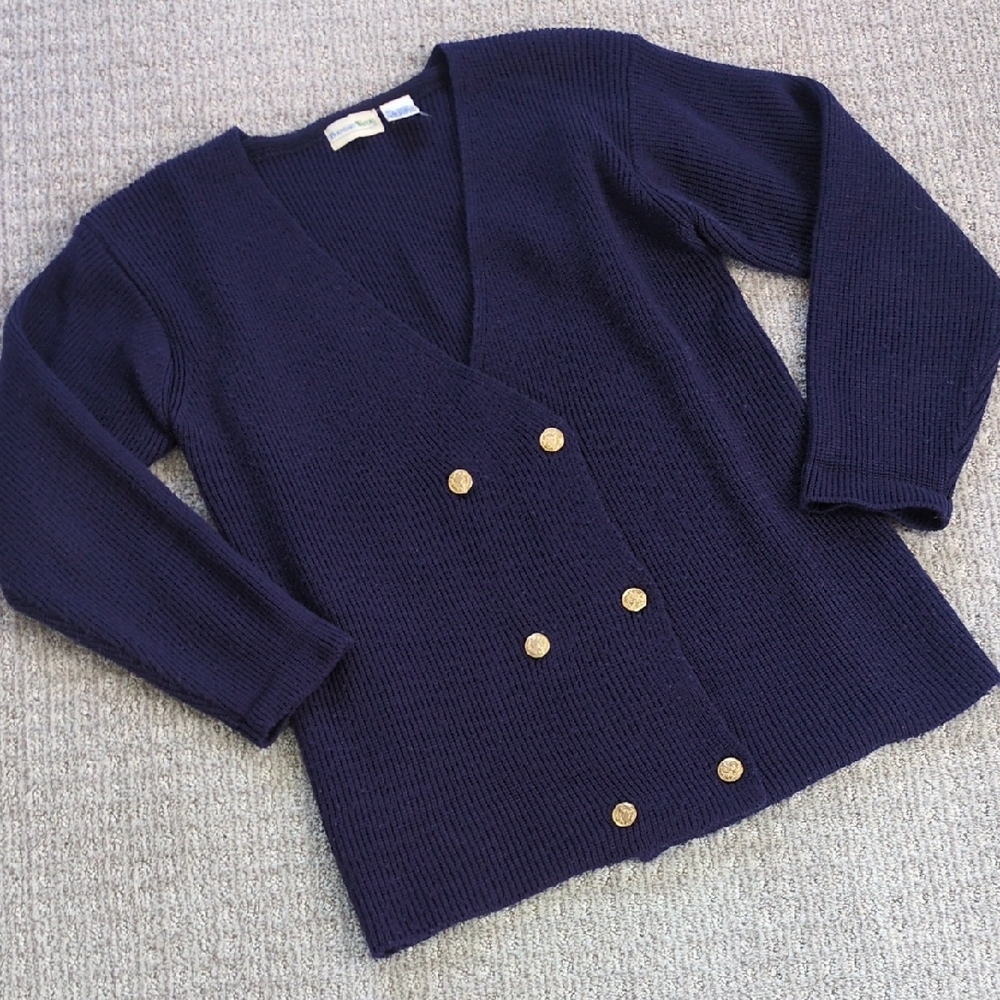 ADORABLE Vintage Navy Blue Double Breasted Knit Sweater/Long Cardigan, Size M